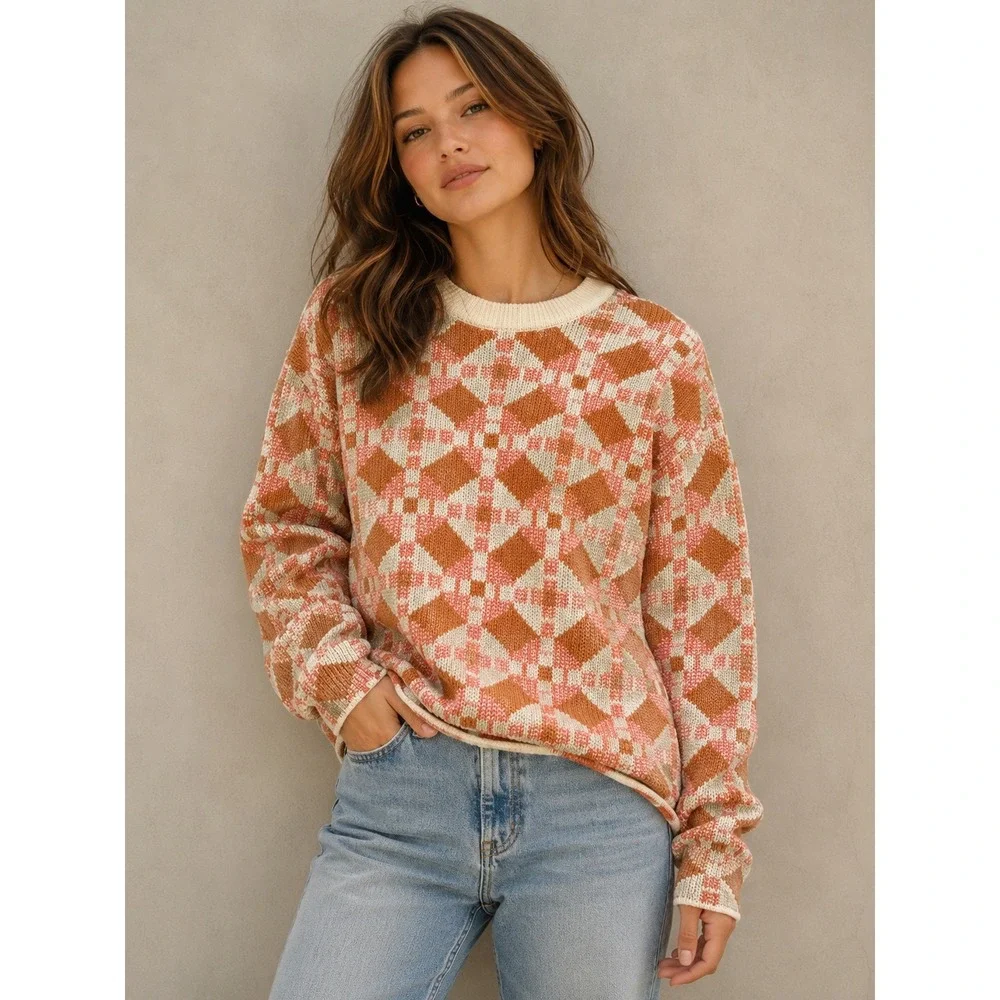 Free People Beach‎ Geometric Diamond Knit Sweater Orange Cream XS OB1399451 |N1